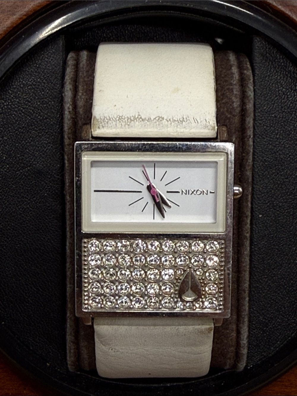Nixon White Leather Strap Crystal Accent Rectangular Watch with Pink Hands